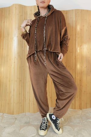 Binky Leopard Soft Stretch Velour Hoodie Lounge Suit Copper